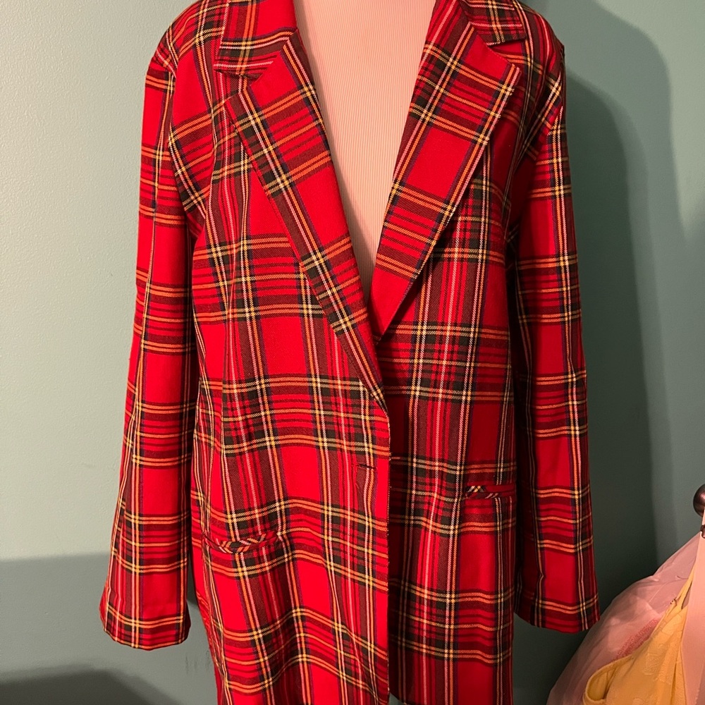 Vintage Women’s M Toni Garment For CC Magic Plaid Blazer Red Tartan Green Gold